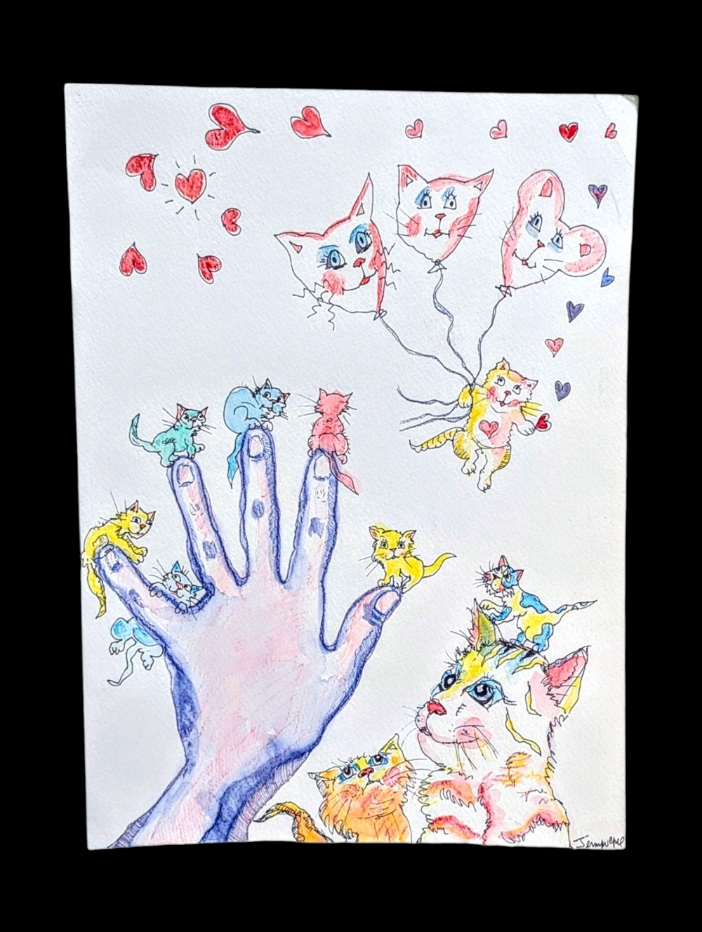 Watercolor Illustration Love Cats Original Signed
